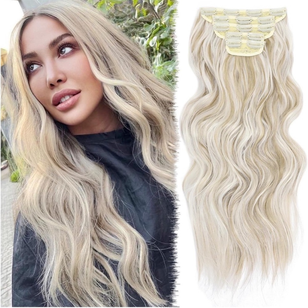 Clip in Hair Extensions 20 Inch 5Pcs Long Wavy Curly Ash Blonde Highlight Hair